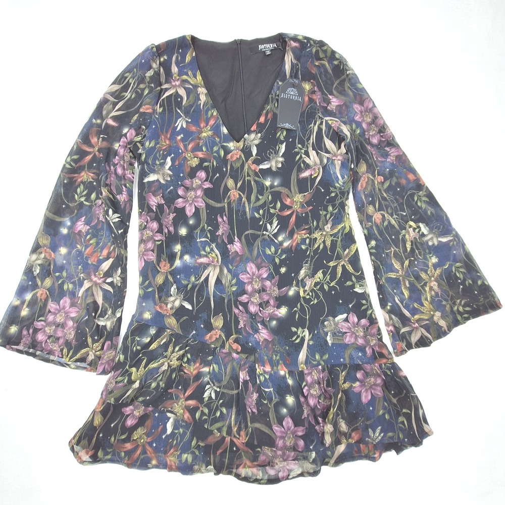 Disturbia Elide Mini Dress Womens 10 Black Orchid Celestial Goth Bell Sleeve NWT